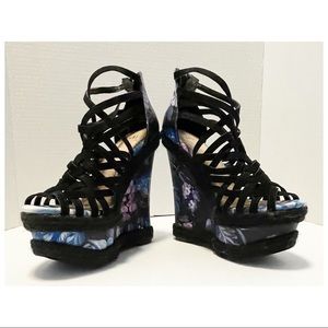 Blue Floral High Heel Platform Shoes